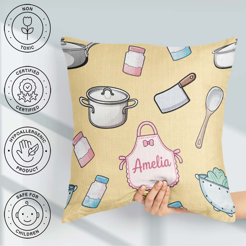 Custom Name Utensils Apron Cooking Yellow Seamless Pattern Name Square Filled Cushion Throw Pillow Sofa Bed Home Decor Zip Washable UK Made