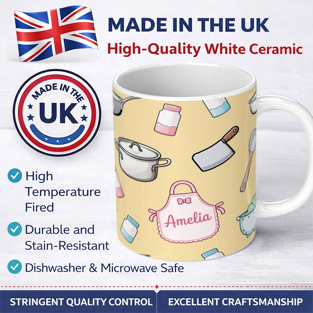 Personalized Custom Name Cute Kitchen Utensils Apron Cooking Yellow Seamless Pattern Name 11oz Ceramic Coffee Tea Mug White Large Handle