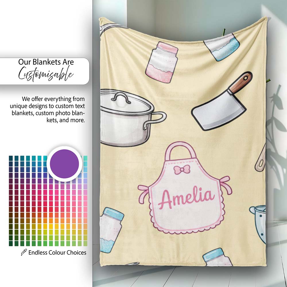 Cute  Utensils Apron Cooking Yellow Seamless Pattern Name  Personalised Custom Name Super Soft Fleece Blanket Bed Sofa Throw