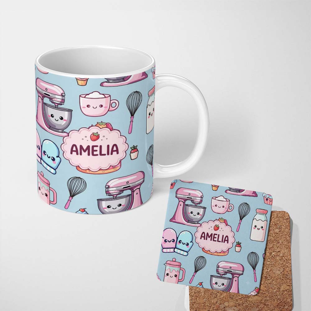 Personalized Custom Name Cute Kawaii Baking Cake Mixer Dessert Seamless Pattern Name Unique 11oz Ceramic Coffee Tea Mug White Large Handle