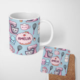 Personalized Custom Name Cute Kawaii Baking Cake Mixer Dessert Seamless Pattern Name Unique 11oz Ceramic Coffee Tea Mug White Large Handle