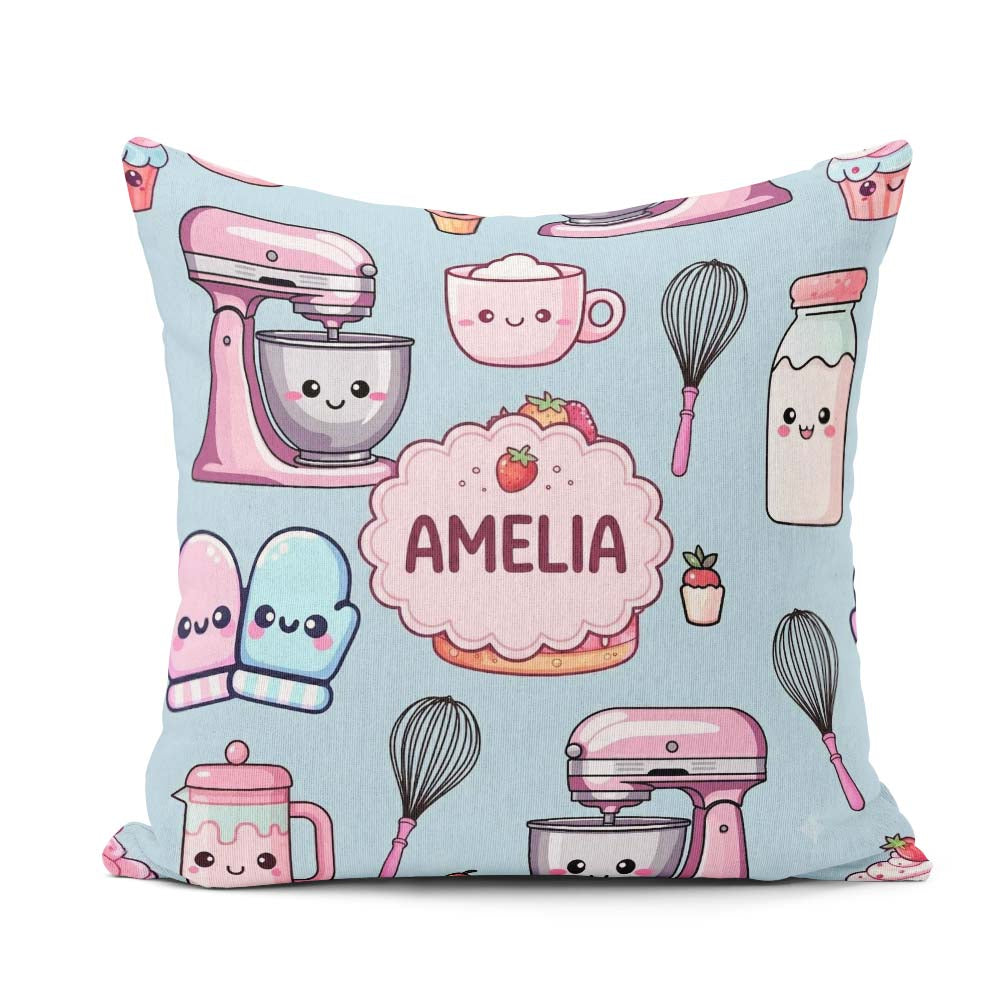 Custom Name Cute Kawaii Cake Mixer Dessert Seamless Pattern Name Square Filled Cushion Throw Pillow Sofa Bed Home Decor Zip Washable UK Made