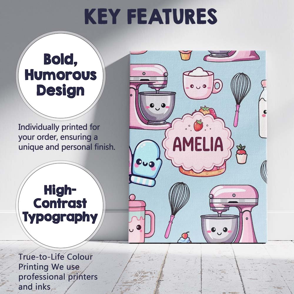 Personalised Name Cute Kawaii Baking Cake Custom  Unique Gift Idea Elegant Feature Canvas Wall Art Print Decor Picture Ready to Hang
