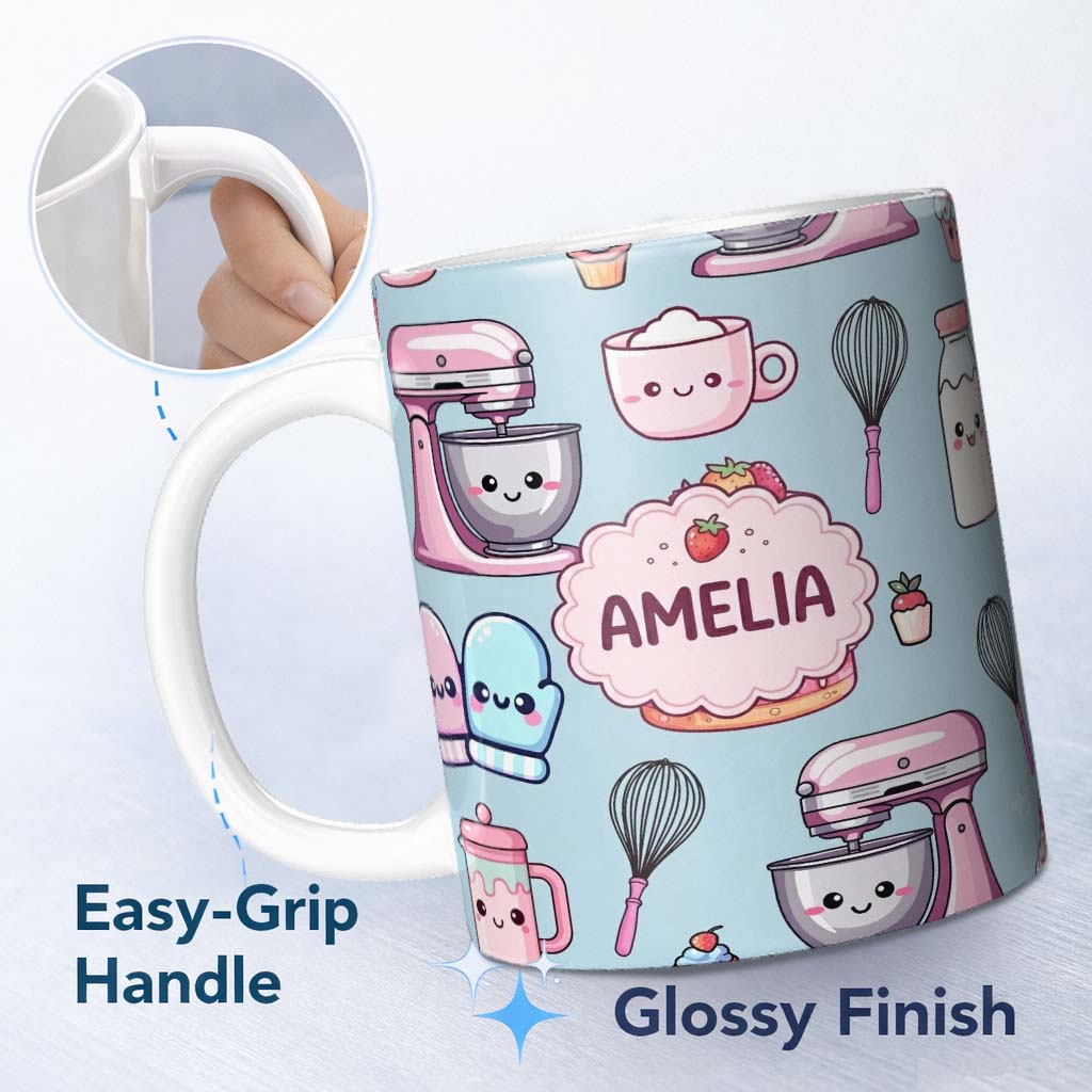 Personalized Custom Name Cute Kawaii Baking Cake Mixer Dessert Seamless Pattern Name Unique 11oz Ceramic Coffee Tea Mug White Large Handle