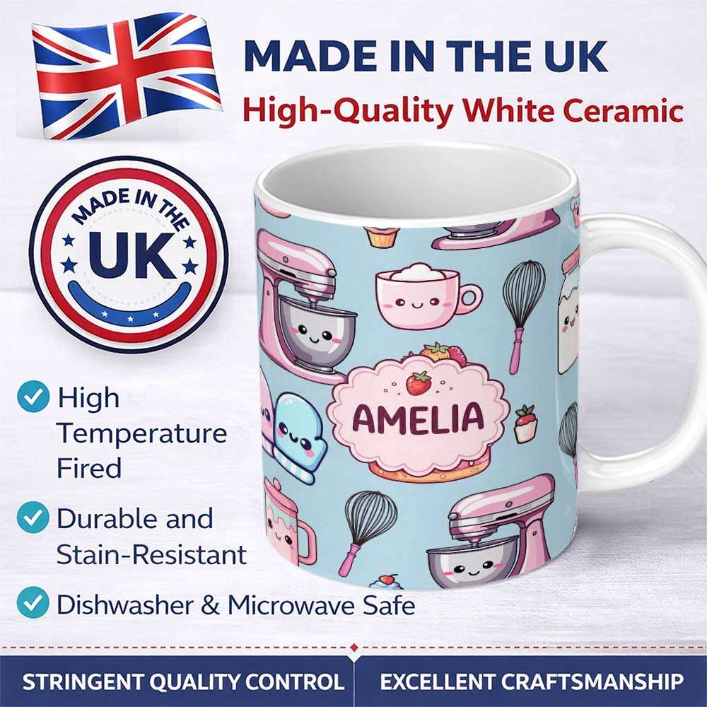 Personalized Custom Name Cute Kawaii Baking Cake Mixer Dessert Seamless Pattern Name Unique 11oz Ceramic Coffee Tea Mug White Large Handle