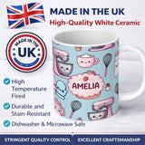 Personalized Custom Name Cute Kawaii Baking Cake Mixer Dessert Seamless Pattern Name Unique 11oz Ceramic Coffee Tea Mug White Large Handle