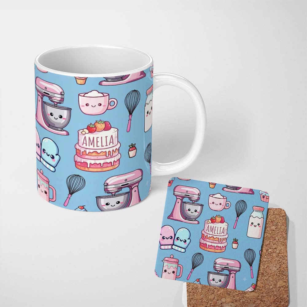 Personalized Custom Name Cute Kawaii Baking Cake Mixer Blue Seamless Pattern Name Unique Gift 11oz Ceramic Coffee Tea Mug White Large Handle
