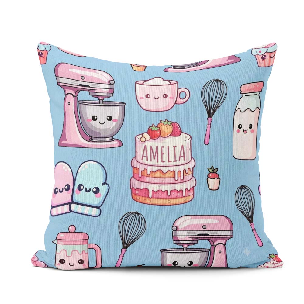 Custom Name Kawaii Baking Cake Mixer Blue Seamless Pattern Name Square Filled Cushion Throw Pillow Sofa Bed Home Decor Zip Washable UK Made