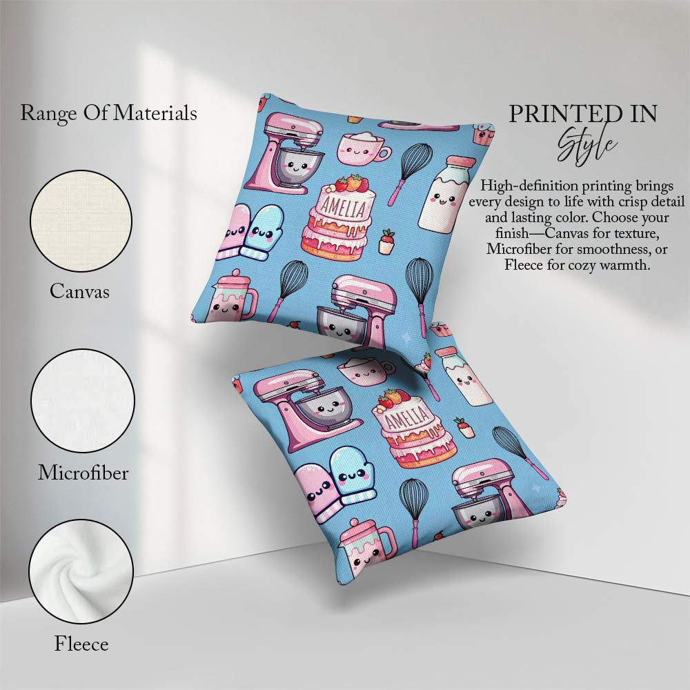 Custom Name Kawaii Baking Cake Mixer Blue Seamless Pattern Name Square Filled Cushion Throw Pillow Sofa Bed Home Decor Zip Washable UK Made