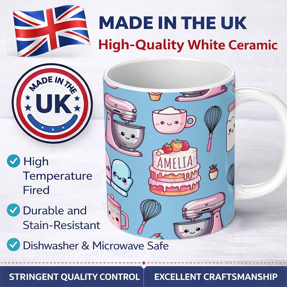 Personalized Custom Name Cute Kawaii Baking Cake Mixer Blue Seamless Pattern Name Unique Gift 11oz Ceramic Coffee Tea Mug White Large Handle