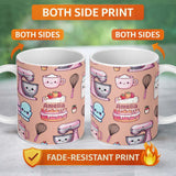 Personalized Custom Name Cute Kawaii Baking Cake Mixer Dessert Seamless Pattern Name Unique 11oz Ceramic Coffee Tea Mug White Large Handle