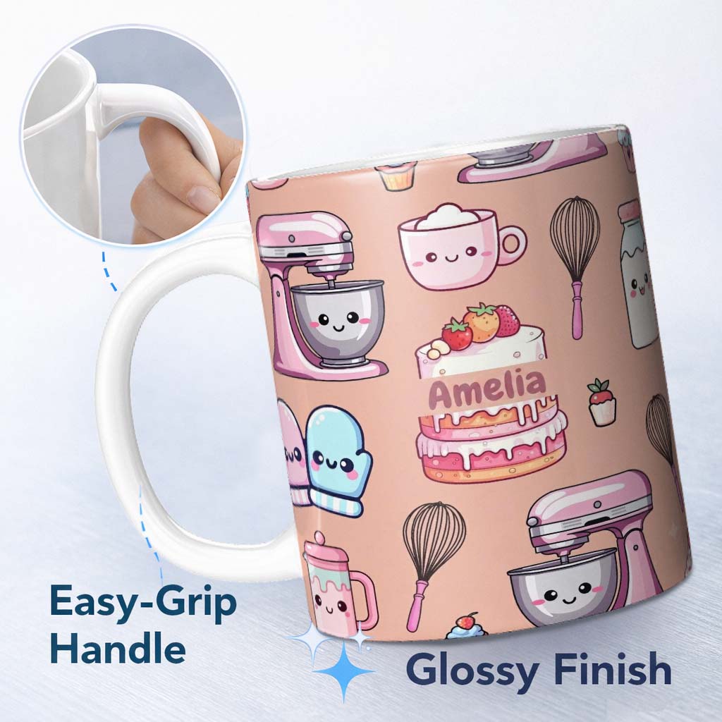 Personalized Custom Name Cute Kawaii Baking Cake Mixer Dessert Seamless Pattern Name Unique 11oz Ceramic Coffee Tea Mug White Large Handle