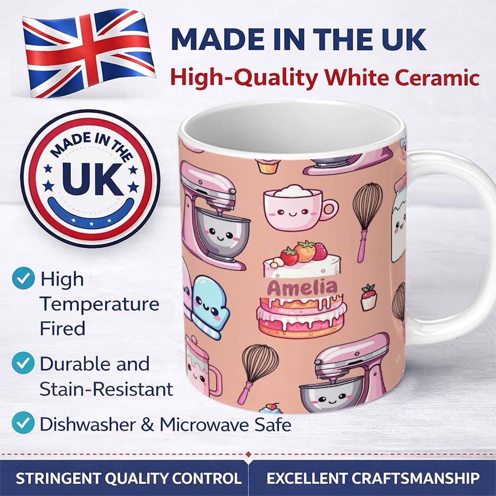 Personalized Custom Name Cute Kawaii Baking Cake Mixer Dessert Seamless Pattern Name Unique 11oz Ceramic Coffee Tea Mug White Large Handle