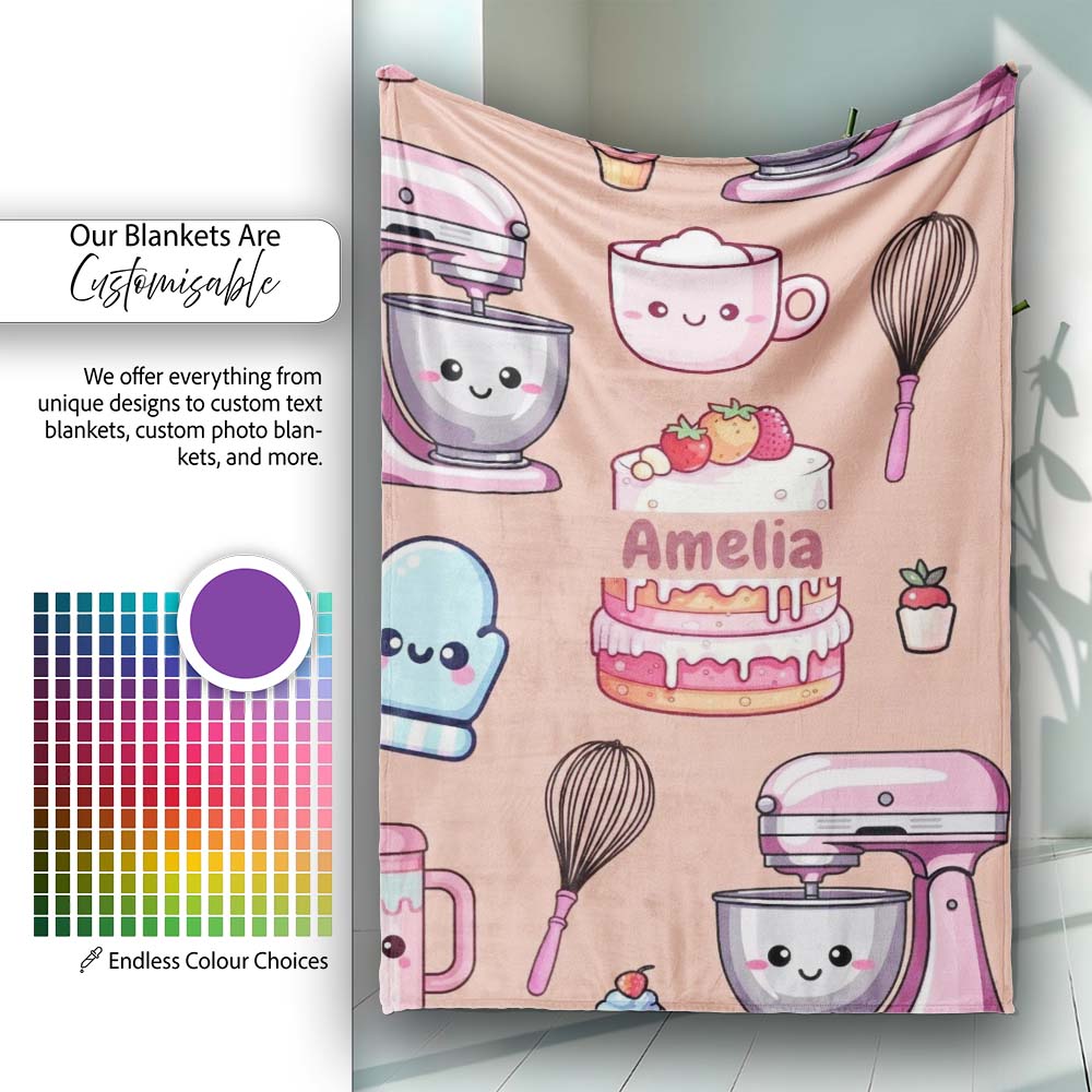 Cute Kawaii Baking Cake Mixer Dessert Seamless Pattern Name Unique  Personalised Custom Name Super Soft Fleece Blanket Bed Sofa Throw