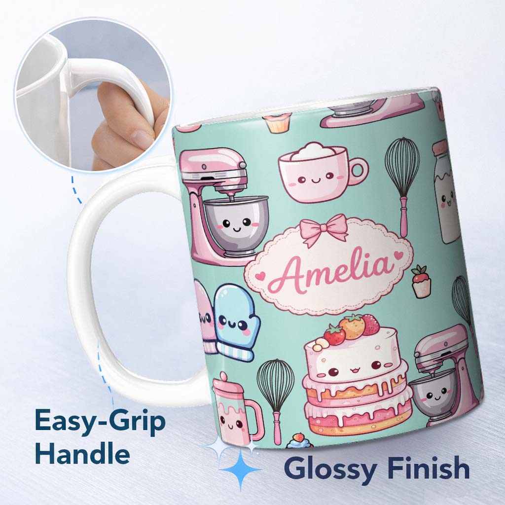 Personalized Custom Name Cute Kawaii Baking Cake Mixer Mint Seamless Pattern Name Unique Gift 11oz Ceramic Coffee Tea Mug White Large Handle