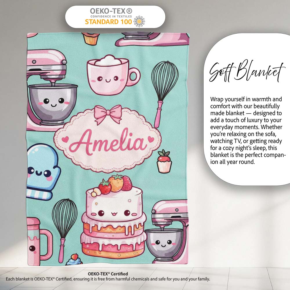 Cute Kawaii Baking Cake Mixer Mint Seamless Pattern Name Unique Gift  Personalised Custom Name Super Soft Fleece Blanket Bed Sofa Throw