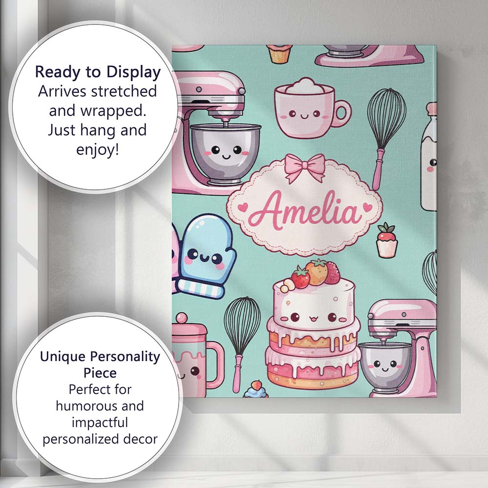 Personalised Name Cute Kawaii Baking Cake Custom  Unique Gift Idea Elegant Feature Canvas Wall Art Print Decor Picture Ready to Hang