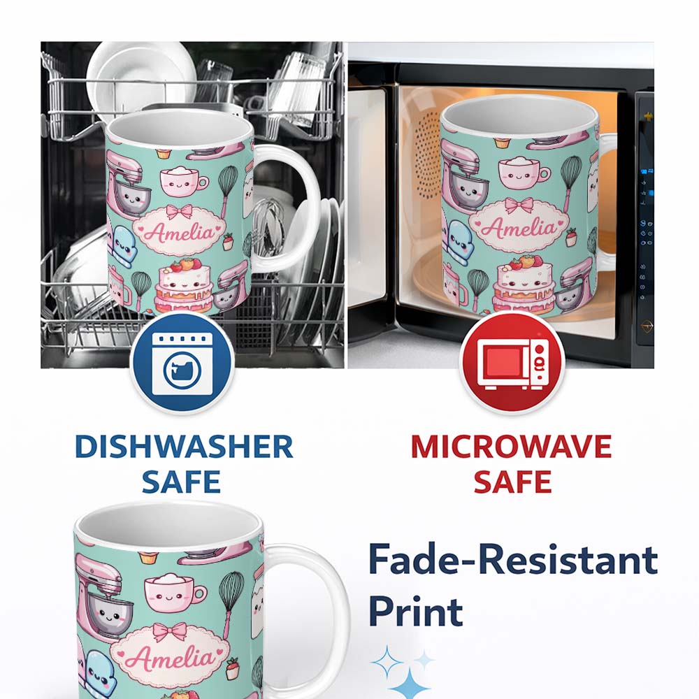 Personalized Custom Name Cute Kawaii Baking Cake Mixer Mint Seamless Pattern Name Unique Gift 11oz Ceramic Coffee Tea Mug White Large Handle