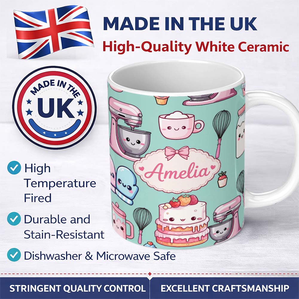 Personalized Custom Name Cute Kawaii Baking Cake Mixer Mint Seamless Pattern Name Unique Gift 11oz Ceramic Coffee Tea Mug White Large Handle