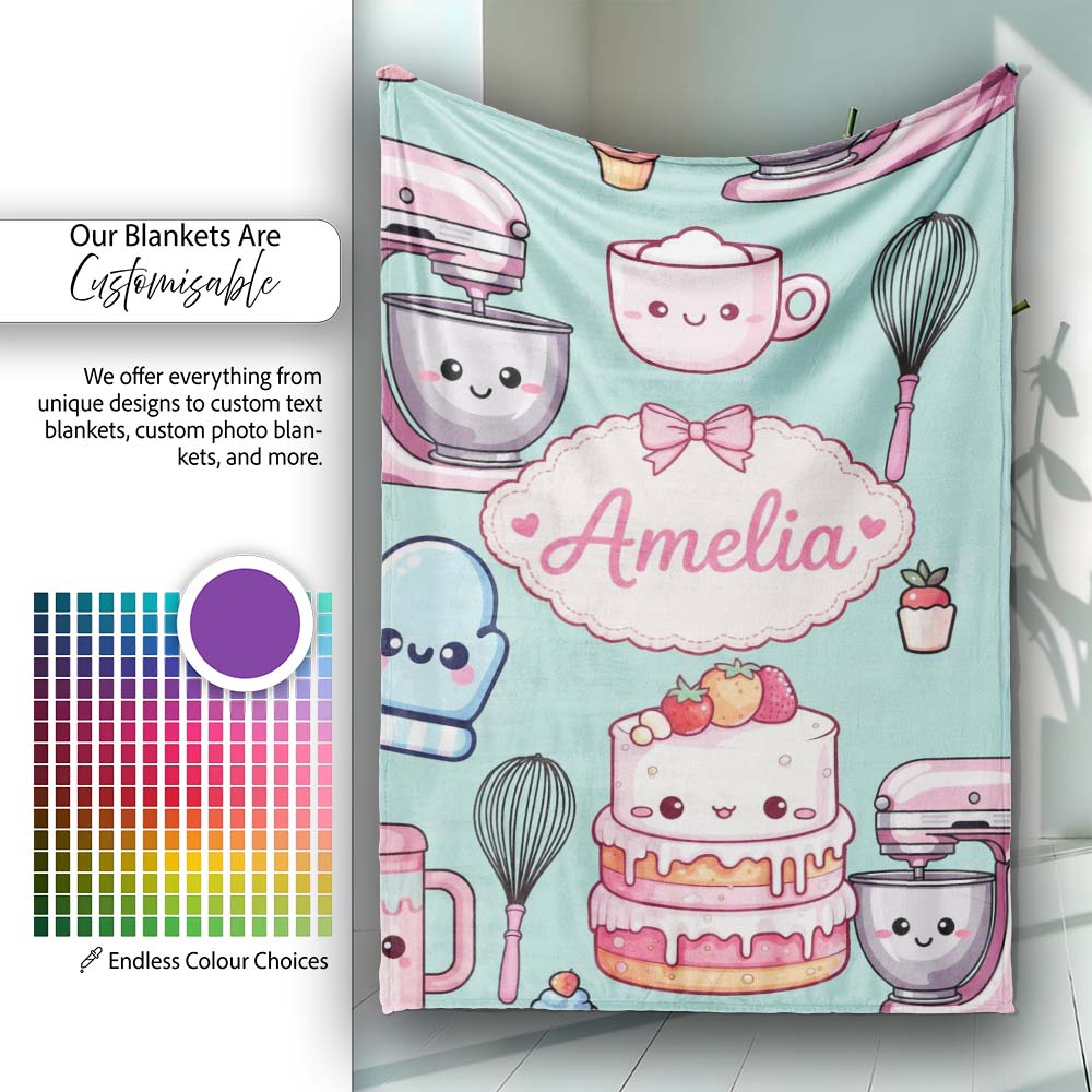 Cute Kawaii Baking Cake Mixer Mint Seamless Pattern Name Unique Gift  Personalised Custom Name Super Soft Fleece Blanket Bed Sofa Throw