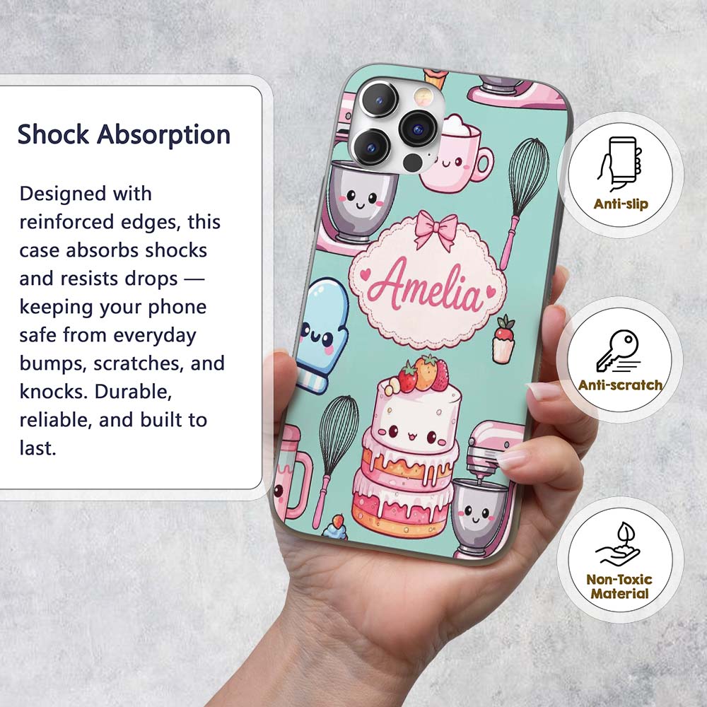 Cute Kawaii Baking Cake Mixer Mint Printed Design Custom Name Protective Phone Case Mobile Cover Durable Everyday Smartphone Shock Resistant