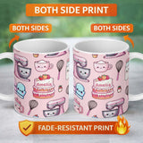Personalized Custom Name Cute Kawaii Baking Cake Mixer Blush Seamless Pattern Name Unique 11oz Ceramic Coffee Tea Mug White Large Handle