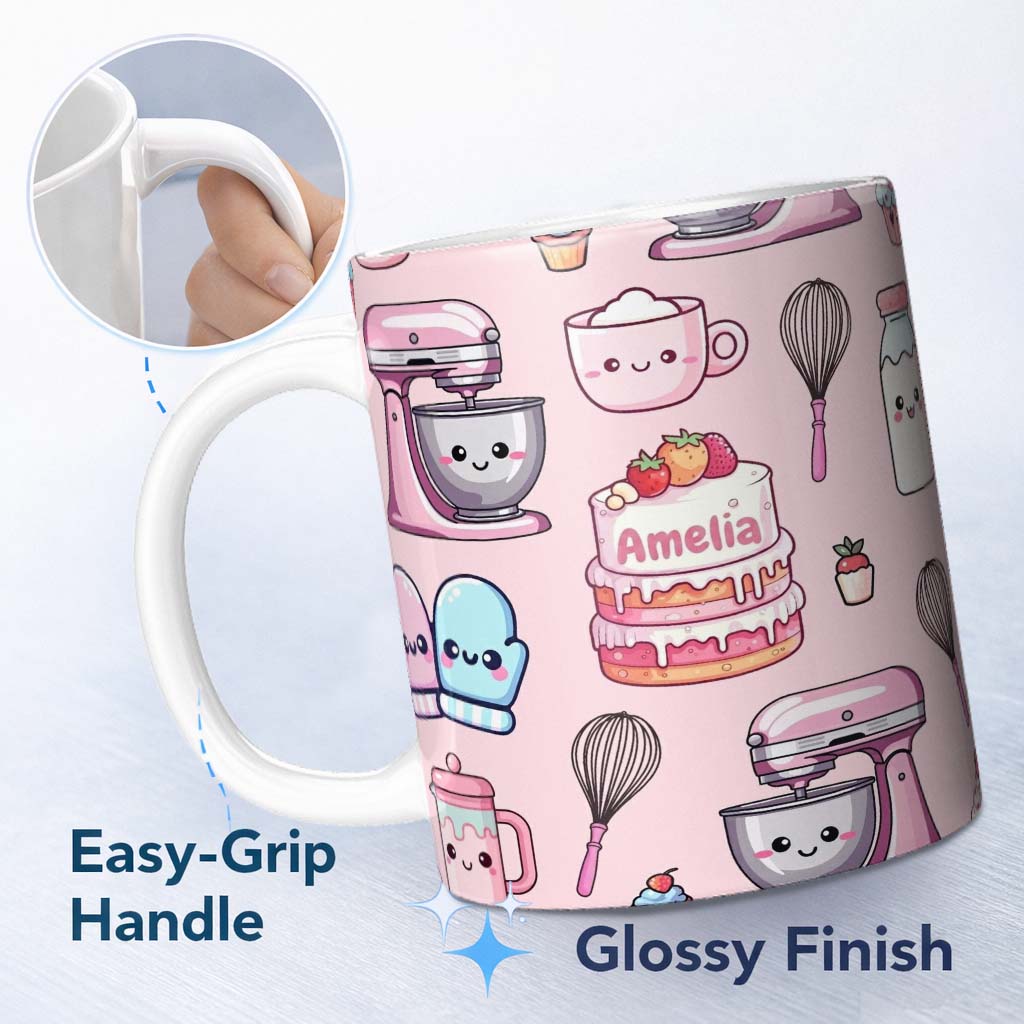 Personalized Custom Name Cute Kawaii Baking Cake Mixer Blush Seamless Pattern Name Unique 11oz Ceramic Coffee Tea Mug White Large Handle