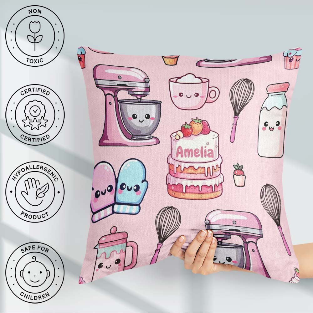 Custom Name Kawaii Baking Cake Mixer Blush Seamless Pattern Name Square Filled Cushion Throw Pillow Sofa Bed Home Decor Zip Washable UK Made