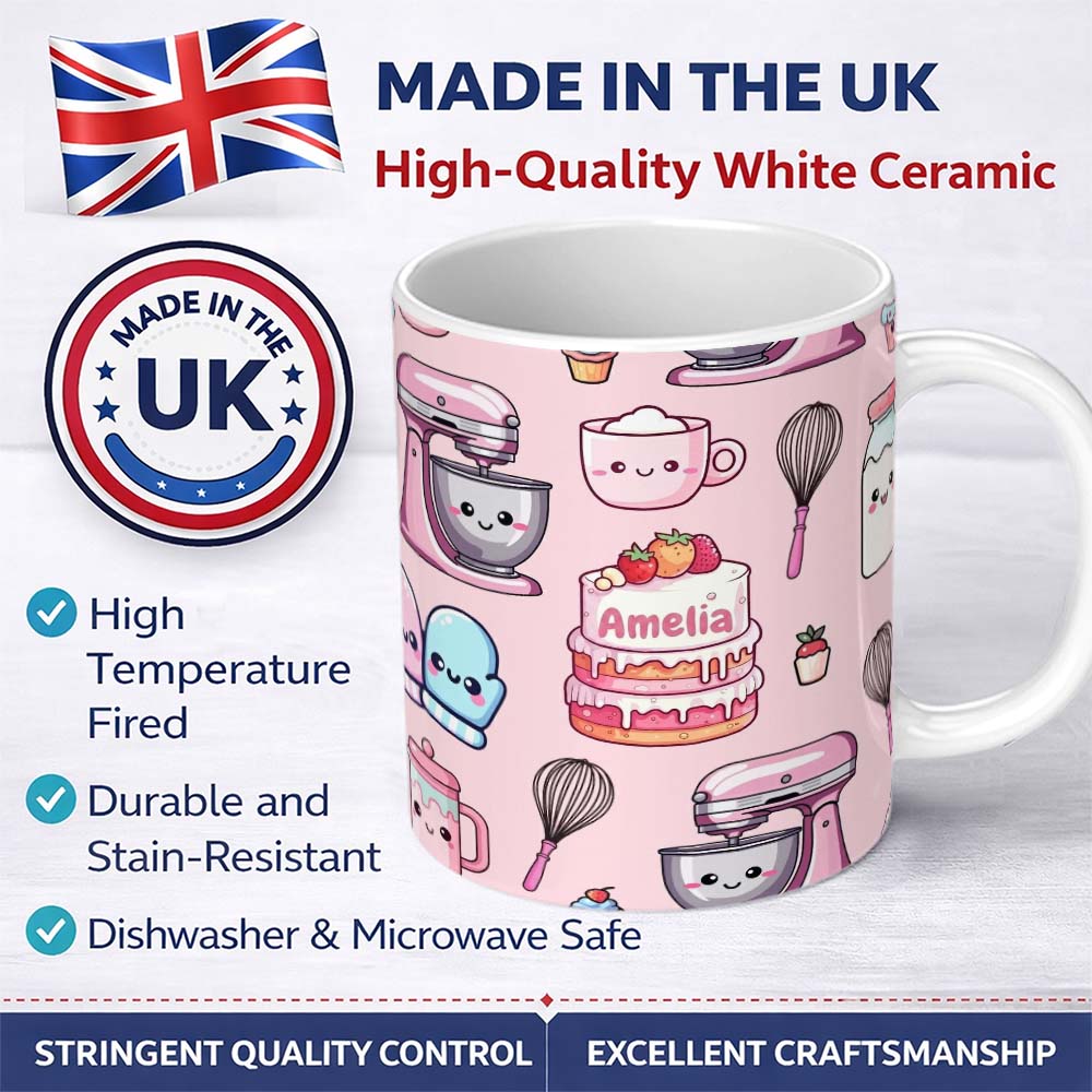Personalized Custom Name Cute Kawaii Baking Cake Mixer Blush Seamless Pattern Name Unique 11oz Ceramic Coffee Tea Mug White Large Handle
