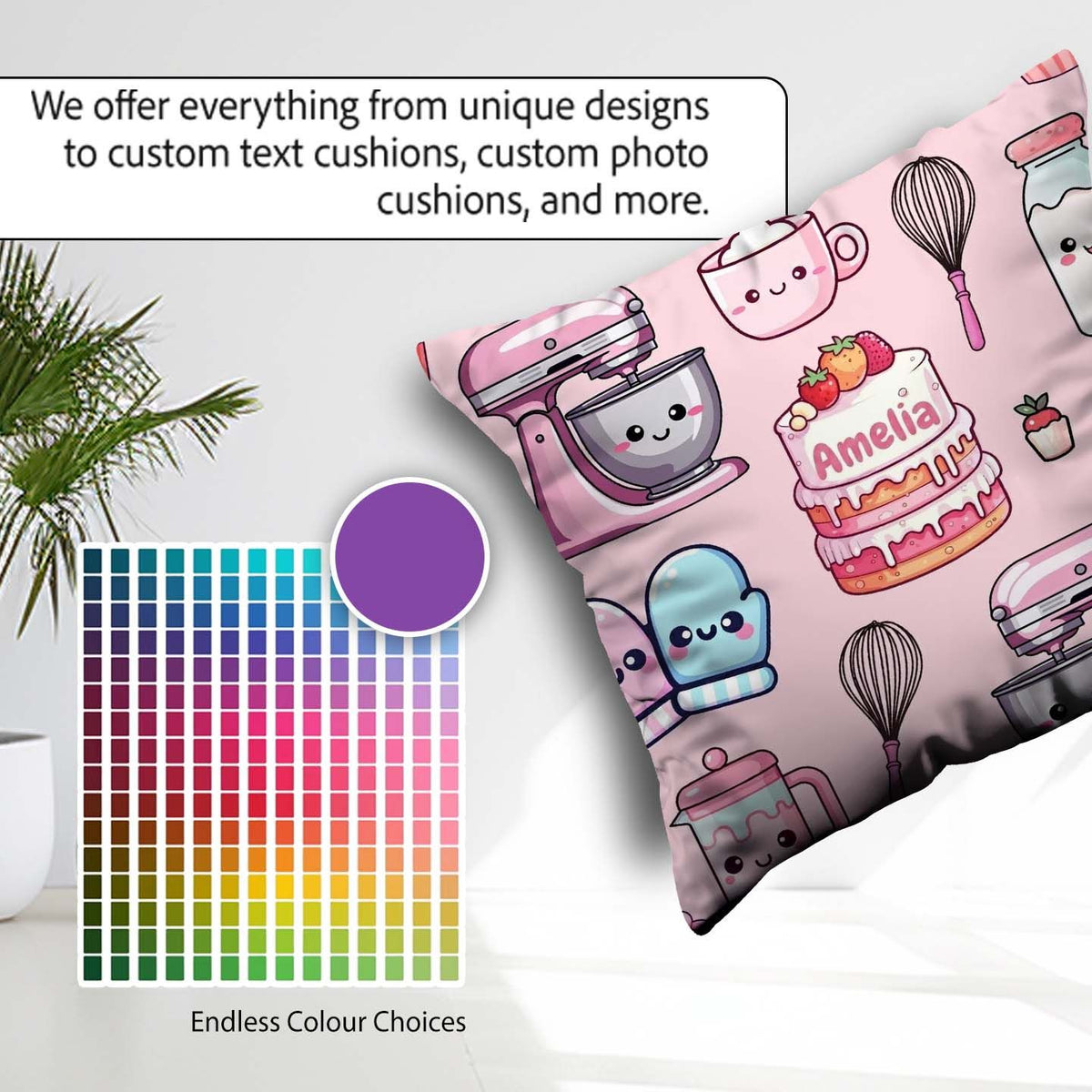 Custom Name Kawaii Baking Cake Mixer Blush Seamless Pattern Name Square Filled Cushion Throw Pillow Sofa Bed Home Decor Zip Washable UK Made