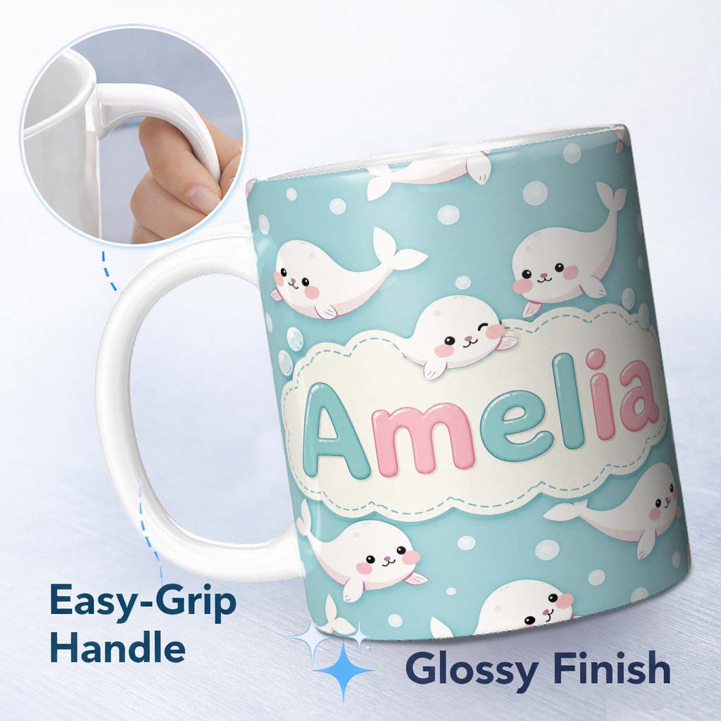 Personalized Custom Name Cute Baby Seals Ocean Bubbles Kawaii Marine Seamless Pattern Lovely 11oz Ceramic Coffee Tea Mug White Large Handle