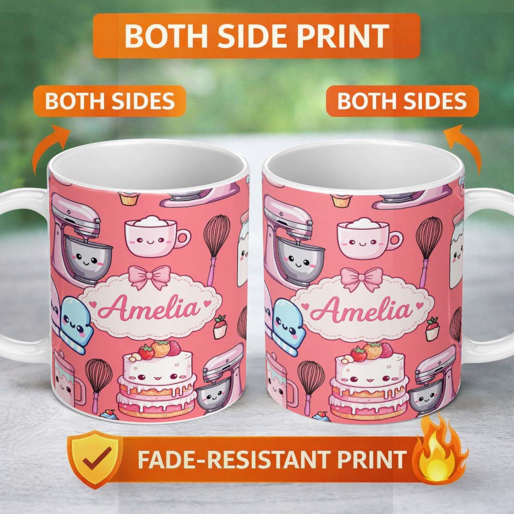 Personalized Custom Name Cute Kawaii Baking Cake Mixer Coral Seamless Pattern Name Unique 11oz Ceramic Coffee Tea Mug White Large Handle