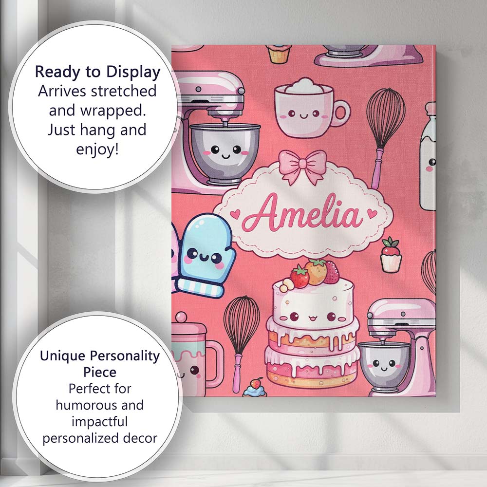 Personalised Name Cute Kawaii Baking Cake Custom  Unique Gift Idea Elegant Feature Canvas Wall Art Print Decor Picture Ready to Hang