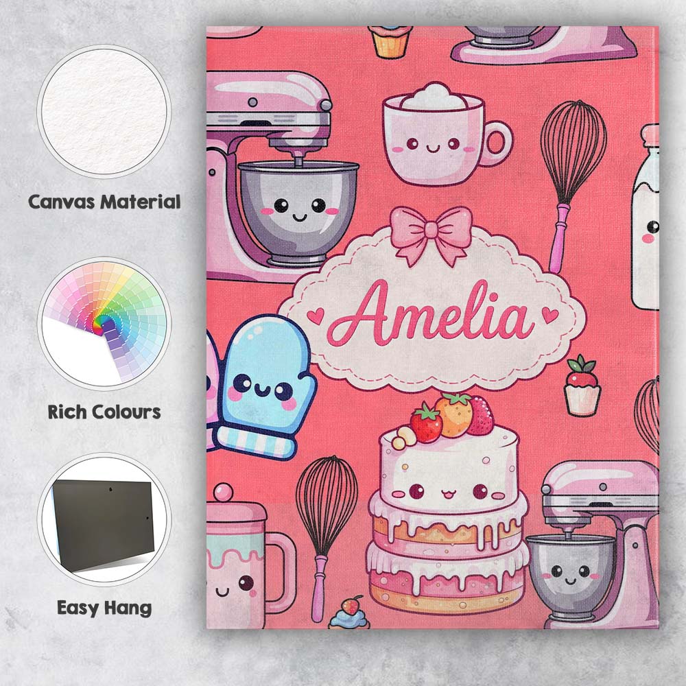 Personalised Name Cute Kawaii Baking Cake Custom  Unique Gift Idea Elegant Feature Canvas Wall Art Print Decor Picture Ready to Hang