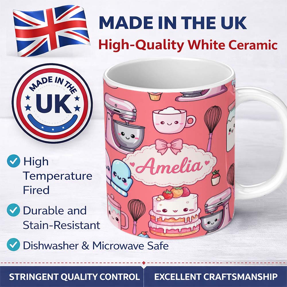 Personalized Custom Name Cute Kawaii Baking Cake Mixer Coral Seamless Pattern Name Unique 11oz Ceramic Coffee Tea Mug White Large Handle
