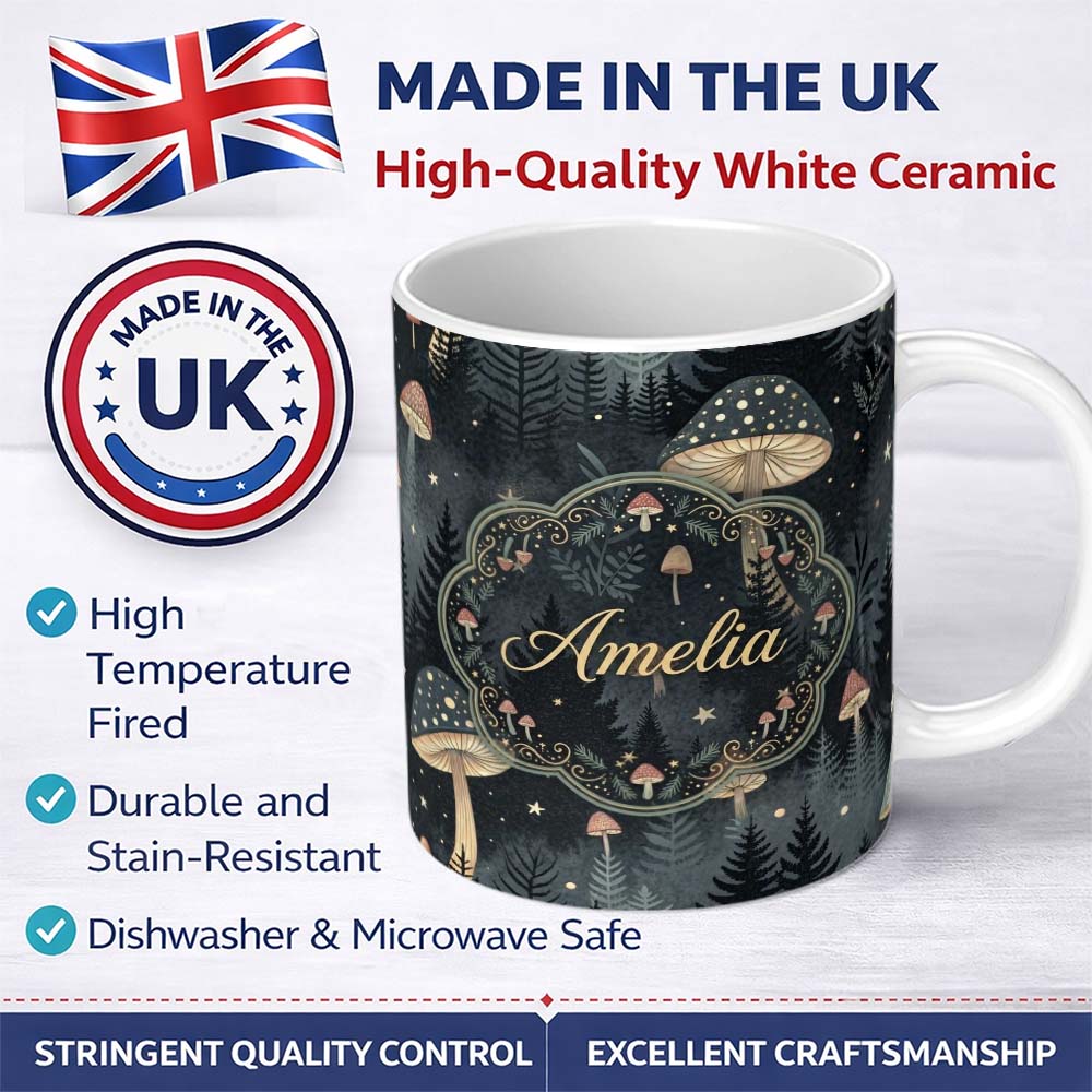 Personalized Custom Name Magical Floral Moon Golden Berries Night Seamless Pattern Lovely 11oz Ceramic Coffee Tea Mug White Large Handle