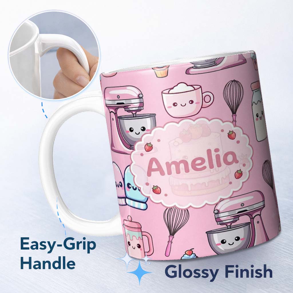 Personalized Custom Name Cute Kawaii Baking Cake Mixer Pink Seamless Pattern Name Unique Gift 11oz Ceramic Coffee Tea Mug White Large Handle