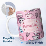 Personalized Custom Name Cute Kawaii Baking Cake Mixer Pink Seamless Pattern Name Unique Gift 11oz Ceramic Coffee Tea Mug White Large Handle