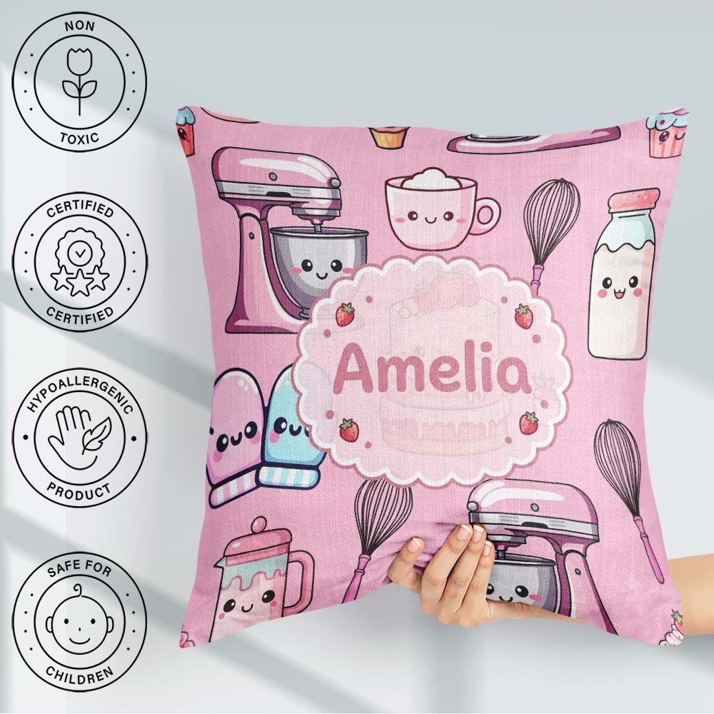 Custom Name Kawaii Baking Cake Mixer Pink Seamless Pattern Name Square Filled Cushion Throw Pillow Sofa Bed Home Decor Zip Washable UK Made