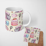 Personalized Custom Name Cute Kawaii Baking Cake Mixer Cream Seamless Pattern Name Unique 11oz Ceramic Coffee Tea Mug White Large Handle