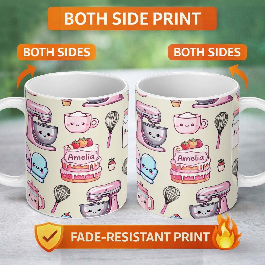 Personalized Custom Name Cute Kawaii Baking Cake Mixer Cream Seamless Pattern Name Unique 11oz Ceramic Coffee Tea Mug White Large Handle