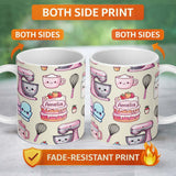 Personalized Custom Name Cute Kawaii Baking Cake Mixer Cream Seamless Pattern Name Unique 11oz Ceramic Coffee Tea Mug White Large Handle