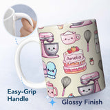 Personalized Custom Name Cute Kawaii Baking Cake Mixer Cream Seamless Pattern Name Unique 11oz Ceramic Coffee Tea Mug White Large Handle