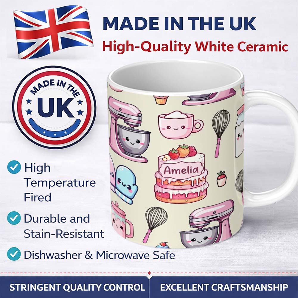 Personalized Custom Name Cute Kawaii Baking Cake Mixer Cream Seamless Pattern Name Unique 11oz Ceramic Coffee Tea Mug White Large Handle