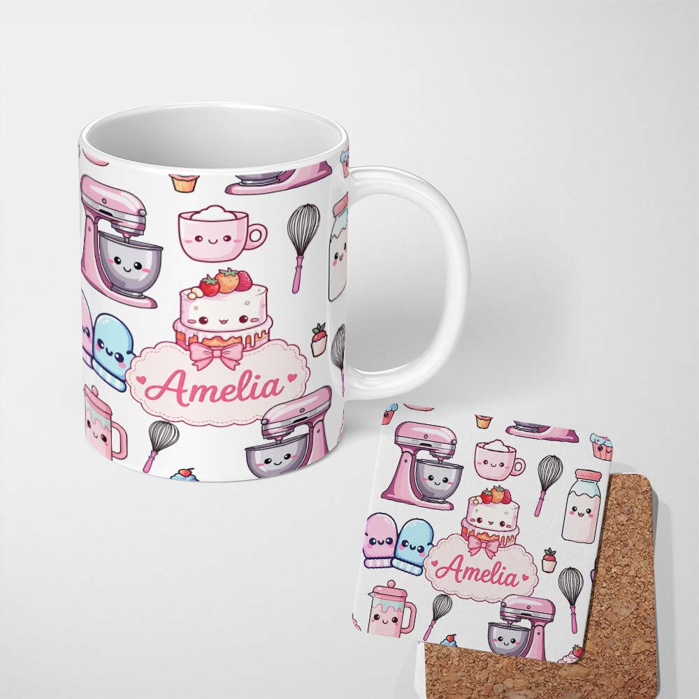 Personalized Custom Name Cute Kawaii Baking Cake Mixer Grey Seamless Pattern Name Unique Gift 11oz Ceramic Coffee Tea Mug White Large Handle