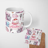 Personalized Custom Name Cute Kawaii Baking Cake Mixer Grey Seamless Pattern Name Unique Gift 11oz Ceramic Coffee Tea Mug White Large Handle