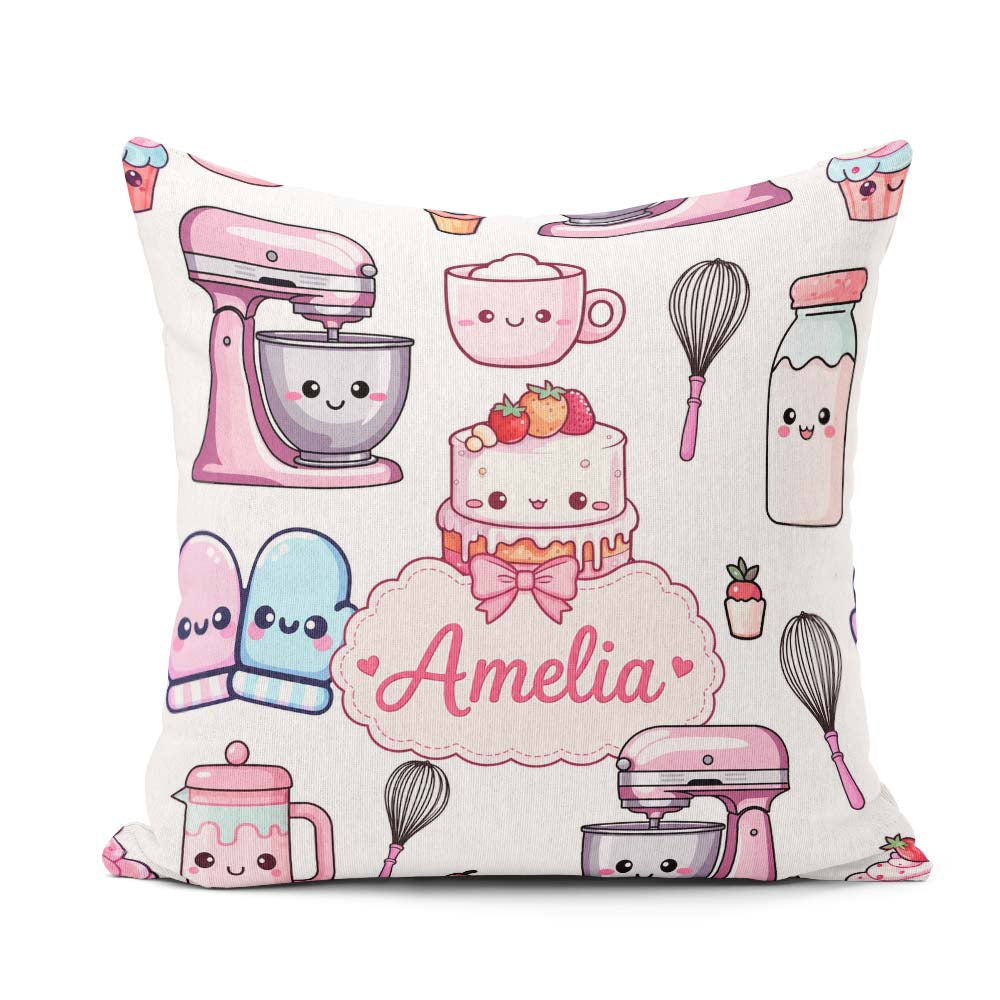 Custom Name Kawaii Baking Cake Mixer Grey Seamless Pattern Name Square Filled Cushion Throw Pillow Sofa Bed Home Decor Zip Washable UK Made