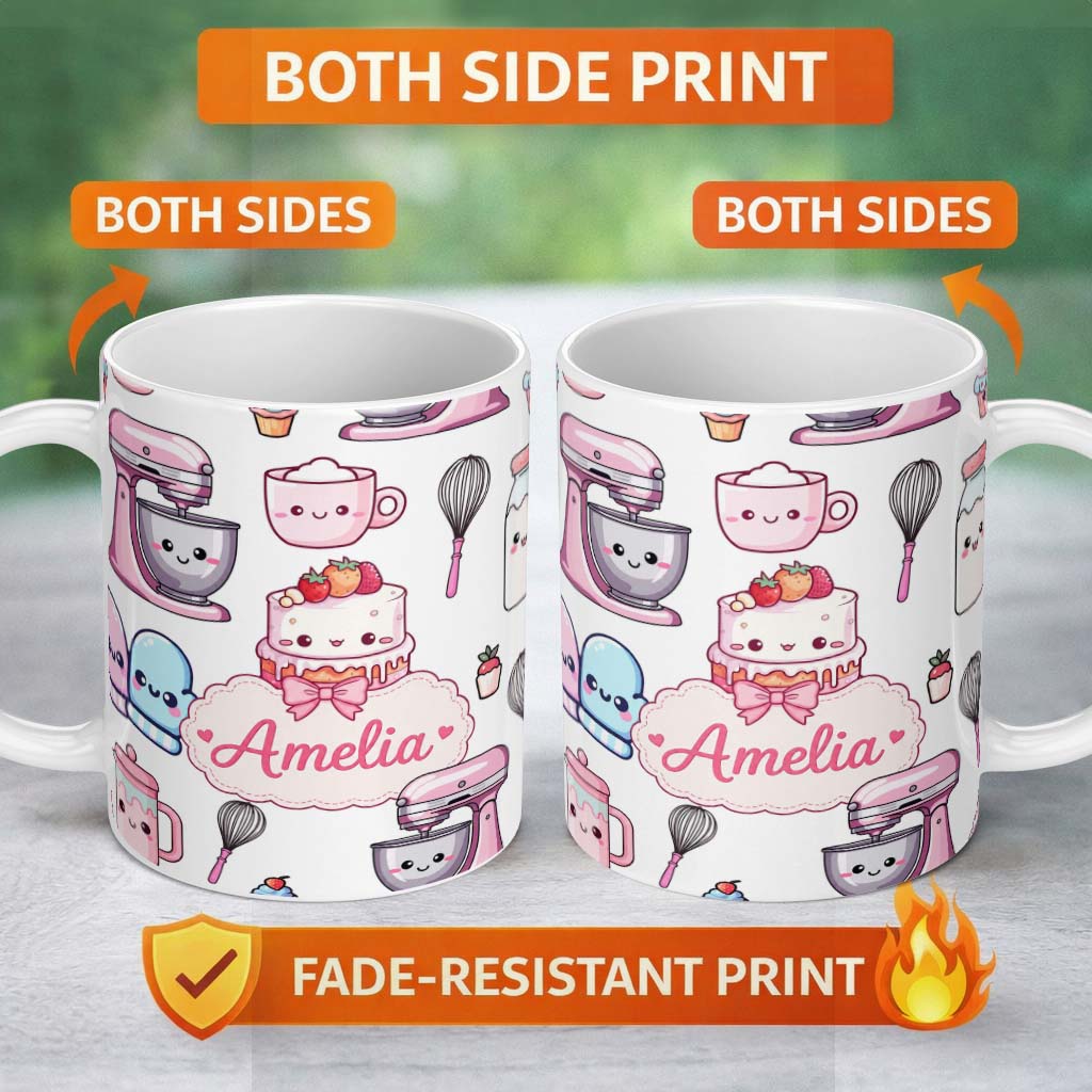 Personalized Custom Name Cute Kawaii Baking Cake Mixer Grey Seamless Pattern Name Unique Gift 11oz Ceramic Coffee Tea Mug White Large Handle