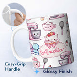 Personalized Custom Name Cute Kawaii Baking Cake Mixer Grey Seamless Pattern Name Unique Gift 11oz Ceramic Coffee Tea Mug White Large Handle