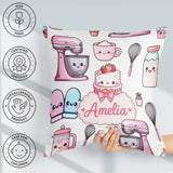Custom Name Kawaii Baking Cake Mixer Grey Seamless Pattern Name Square Filled Cushion Throw Pillow Sofa Bed Home Decor Zip Washable UK Made